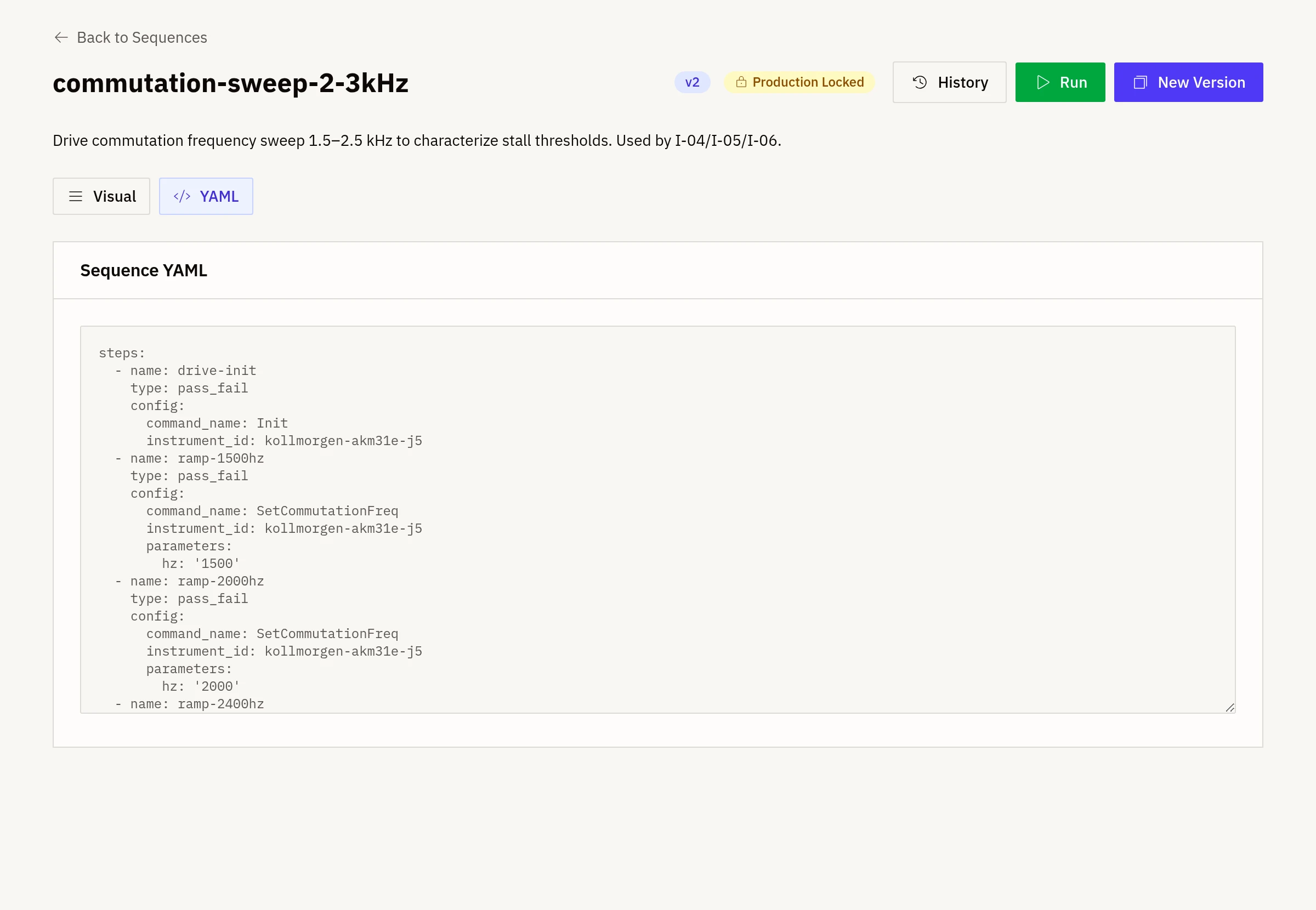 Galois sequence builder showing a version 2, production-locked test sequence in its YAML view, with History and New Version controls. Demo data.