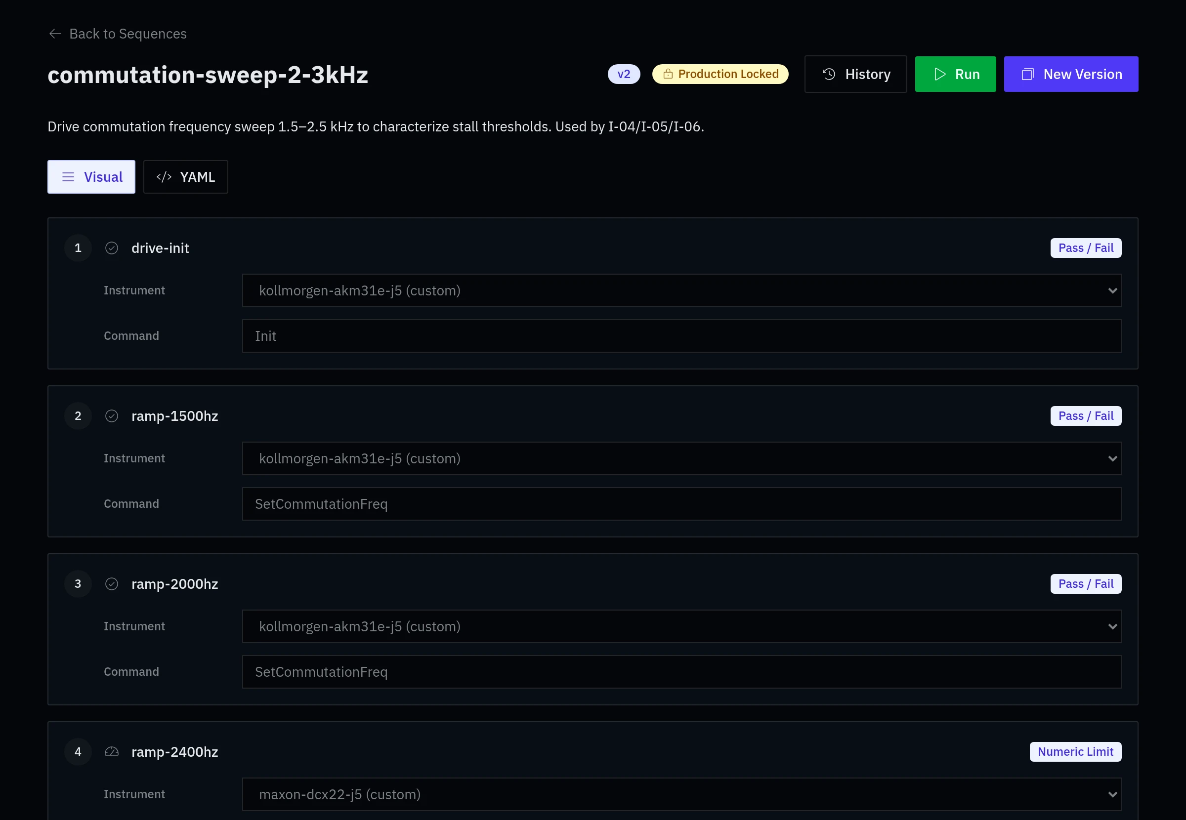 Galois sequence builder showing a version 2, production-locked sequence: each step names an instrument, a profile command, and a Pass/Fail or Numeric Limit check. Demo data.
