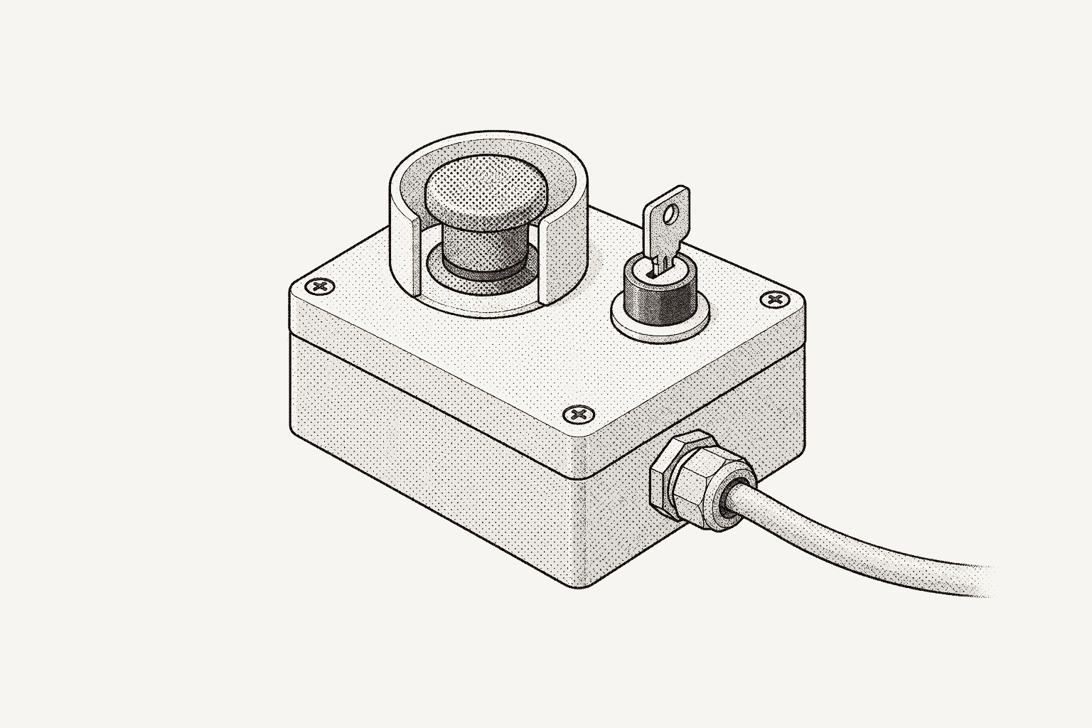 A small safety interlock box in isometric with a guarded emergency-stop button and a key switch on top.