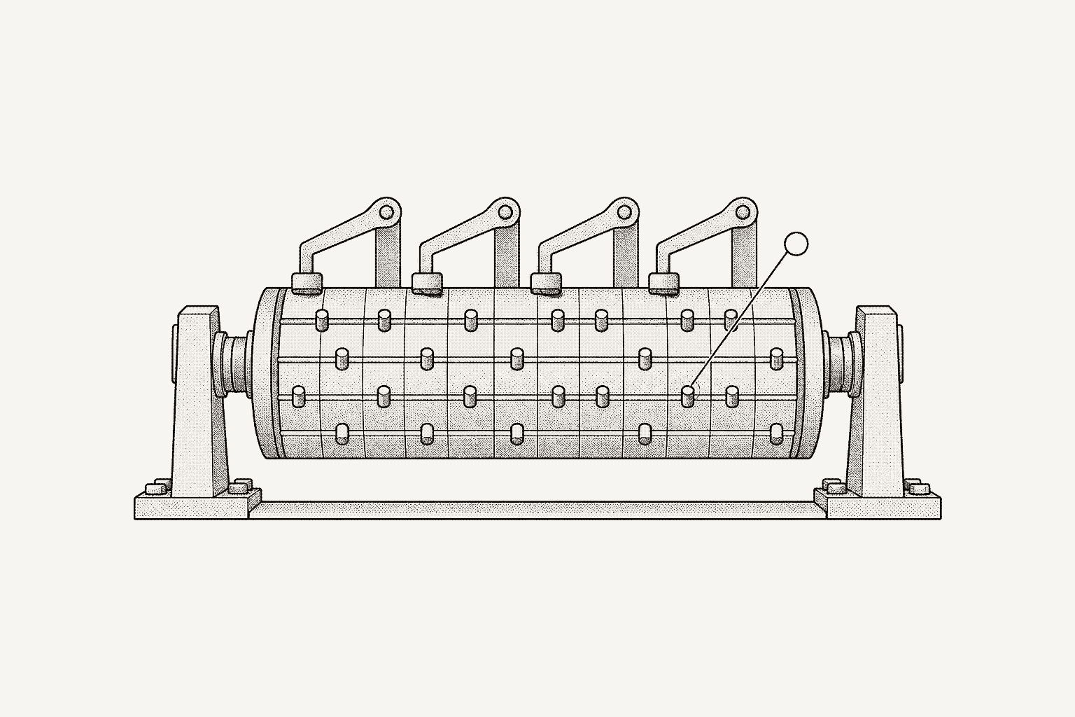 A mechanical drum sequencer in side elevation, pins driving four lever followers, one pin marked by an empty callout circle.
