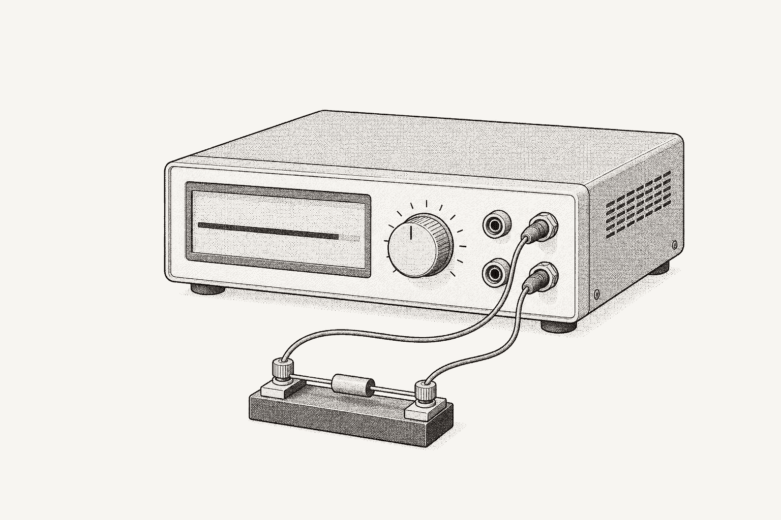 A bench source-measure instrument drawn in isometric, two test leads running to a single component in a small fixture.