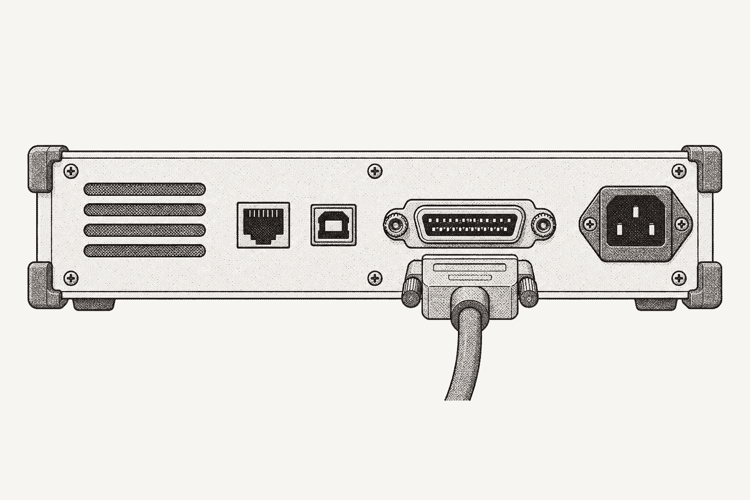 The rear panel of a bench instrument close up: LAN, USB and GPIB ports, with a GPIB plug just detached.