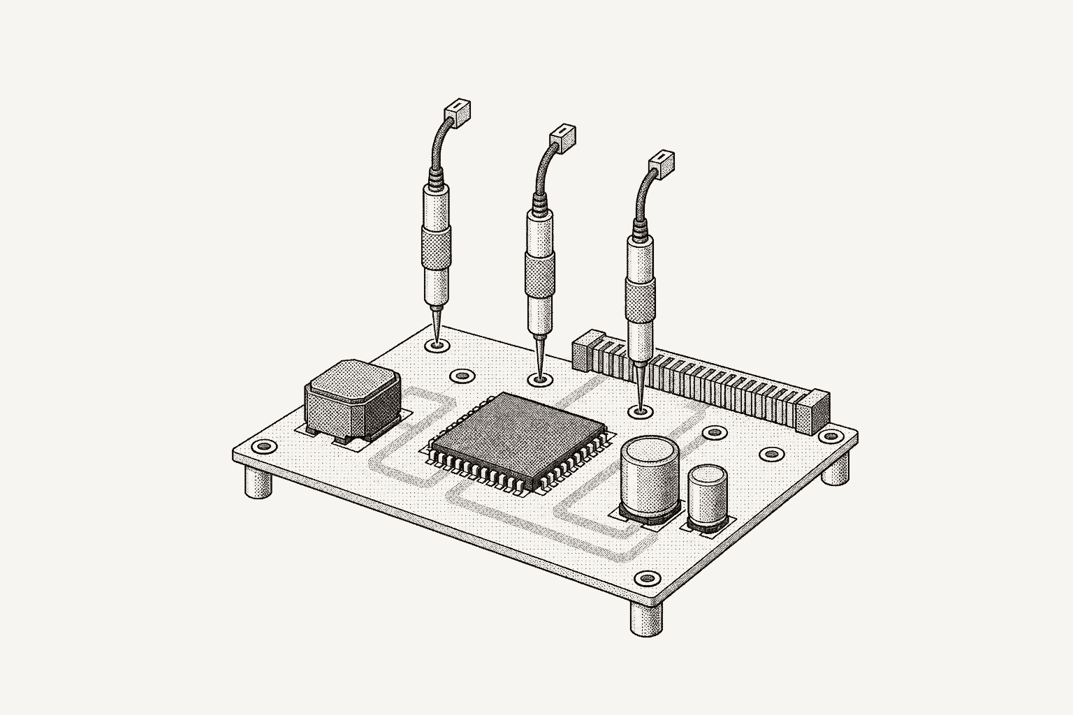 A bare circuit board on standoffs in isometric, three spring probes hanging just above three of its test pads.