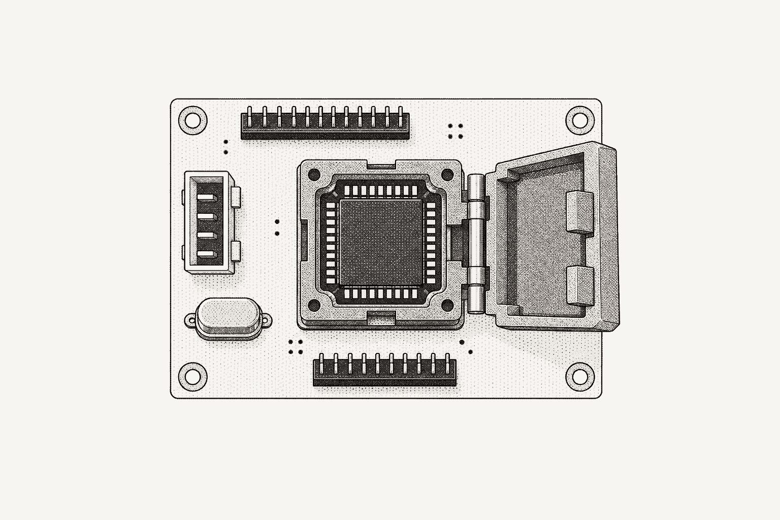 A validation board seen from above with a clamshell test socket open and a chip seated in it.