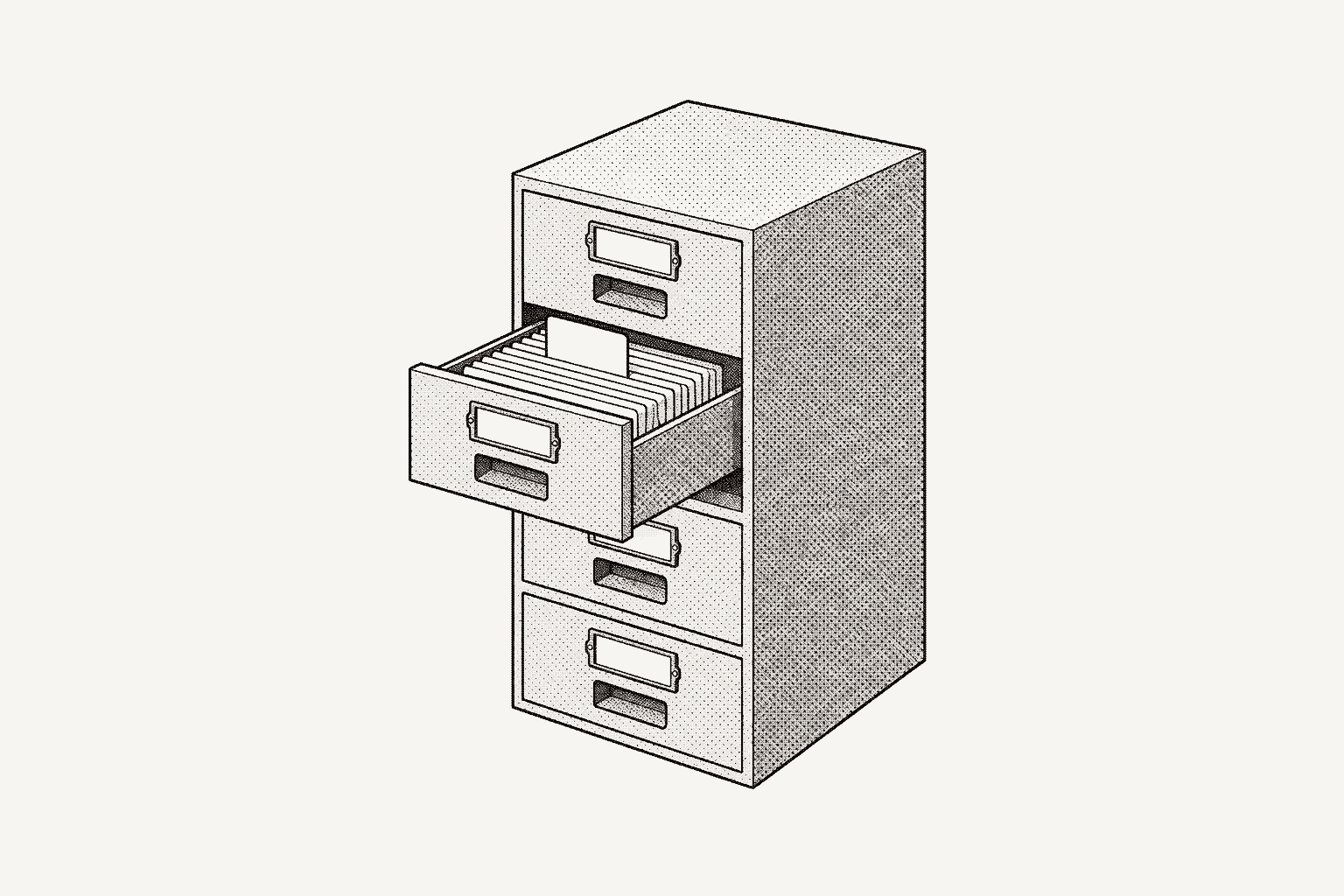 A small four-drawer card cabinet in isometric, one drawer pulled out and one card raised above the others.