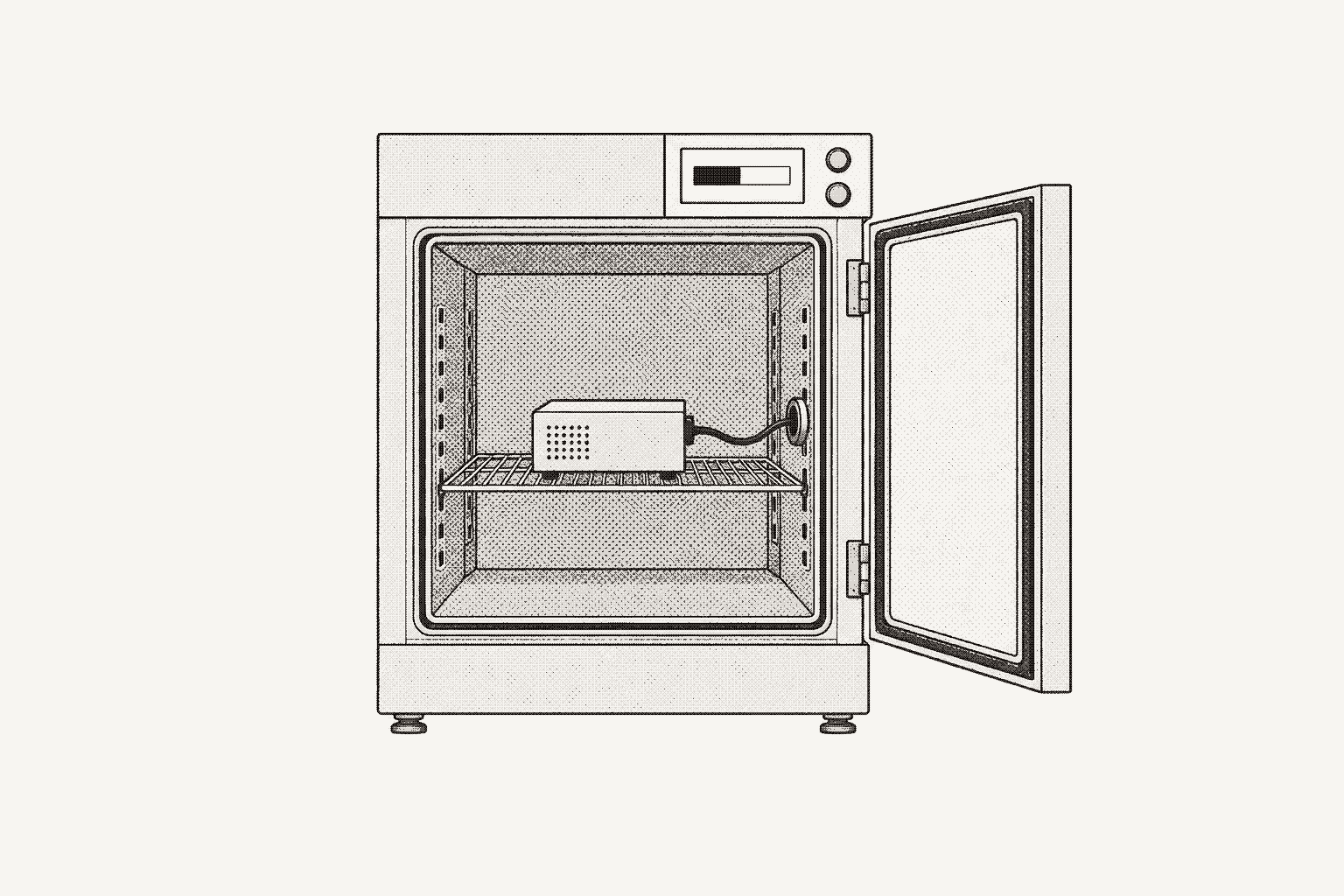 A benchtop environmental chamber in front elevation, door open, a small device on the shelf cabled through a side port.