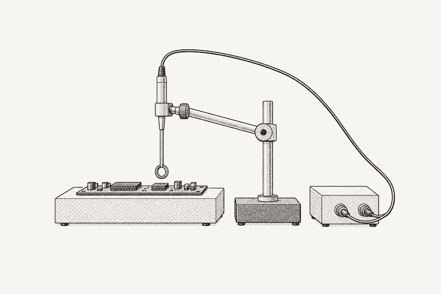 An EMC pre-compliance setup in side elevation: a near-field loop probe on a stand arm hovering over a board, and a LISN box beside it.