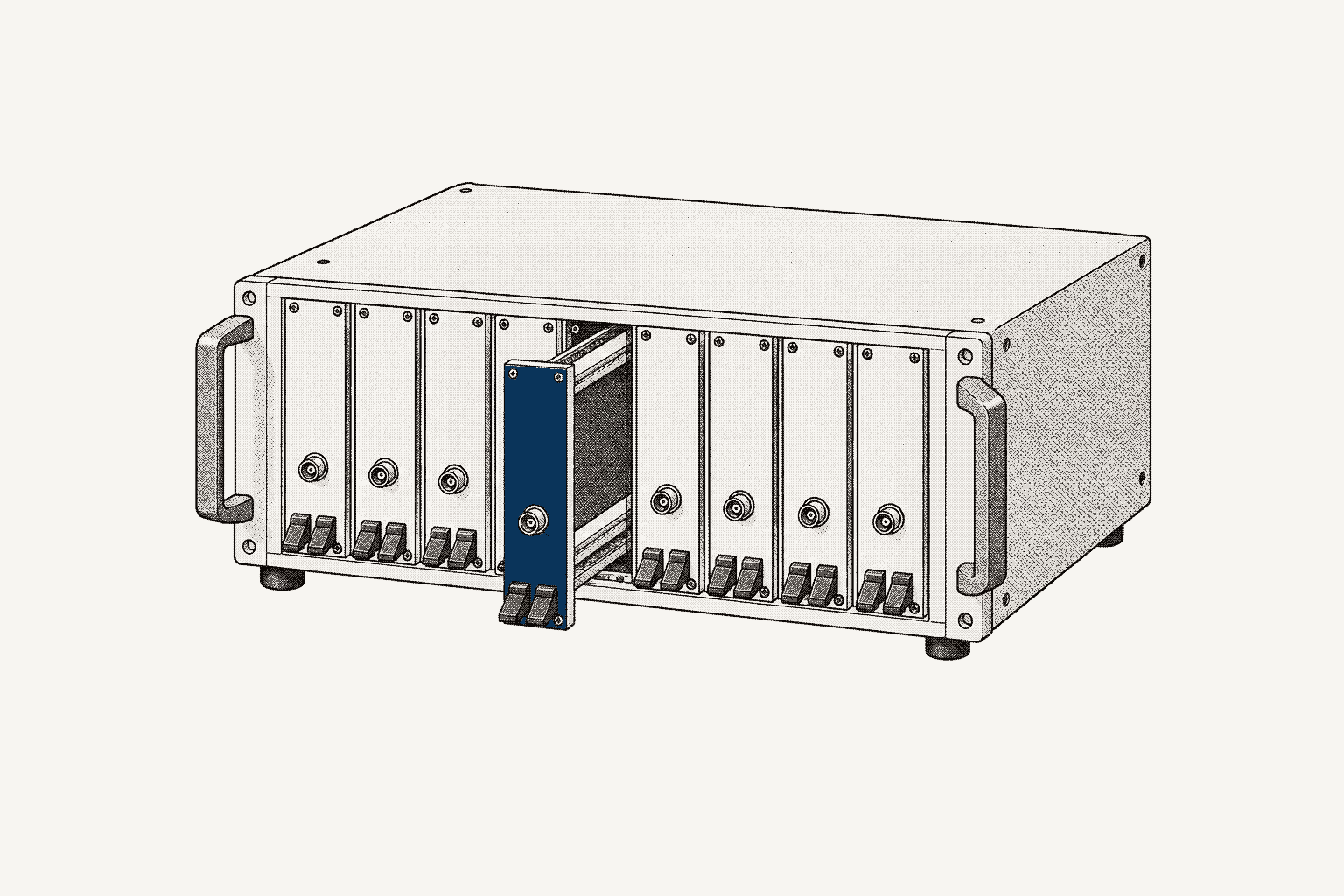 A PXI-style modular chassis drawn as a dithered plate, one module pulled halfway out of its slot.