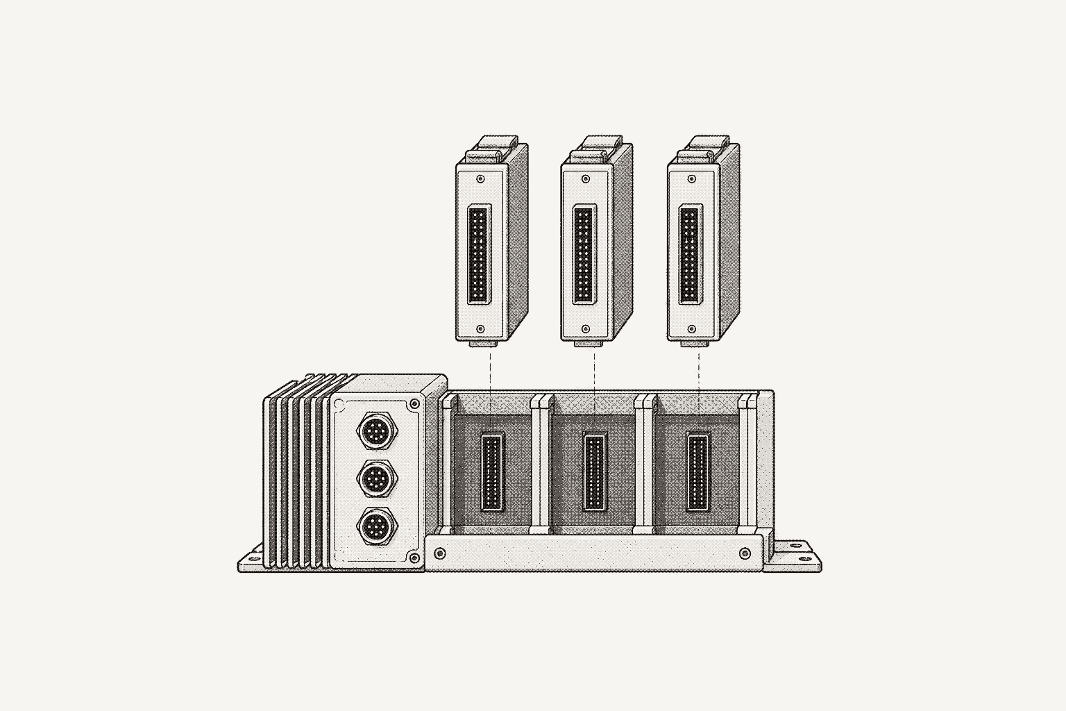 A rugged embedded controller drawn as an exploded assembly, three plug-in modules lifted above their slots.