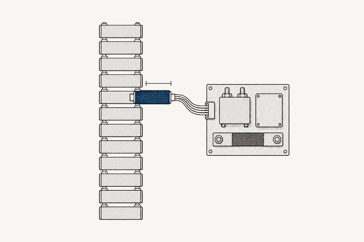 A series stack of identical battery cells in elevation, one cell slid out and joined by a short ribbon to a plain BMS board.