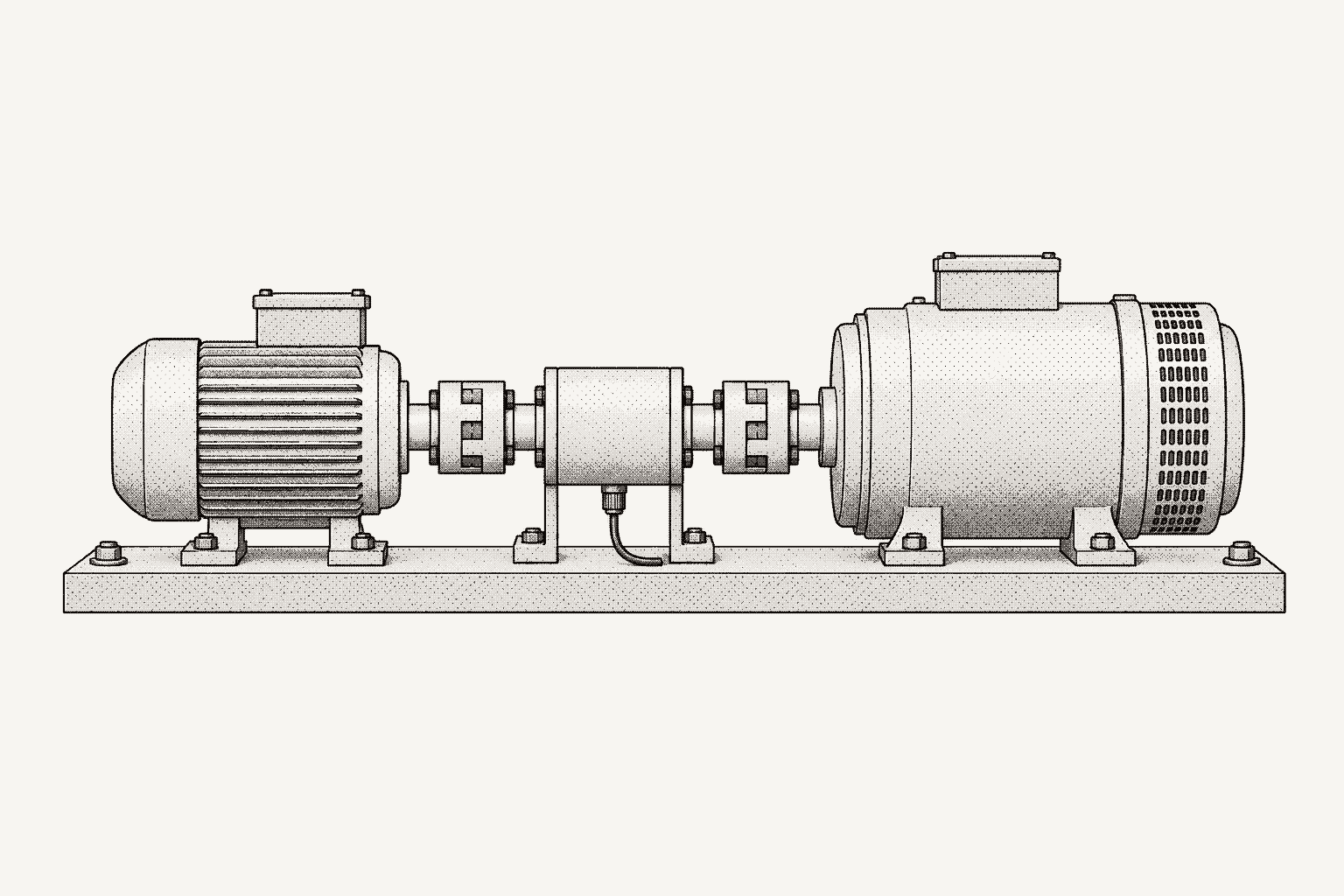 A motor test stand in side elevation: motor, coupling, in-line torque sensor and load machine on one baseplate.