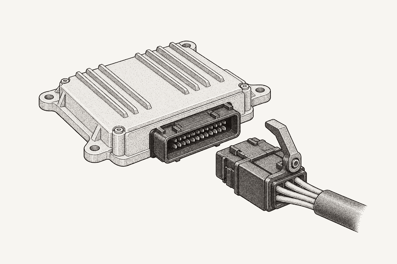An automotive control unit housing in isometric with its harness plug just detached in front of the connector.