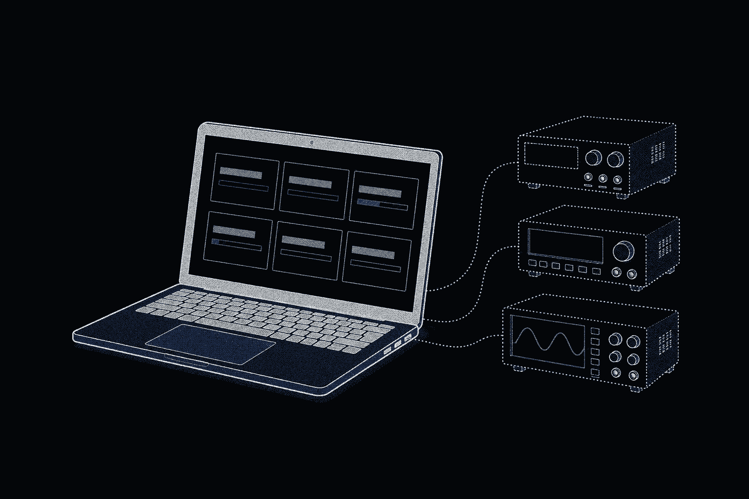 An open laptop showing a grid of instrument cards, wired by dotted lines to three bench instruments drawn only in dotted outline.