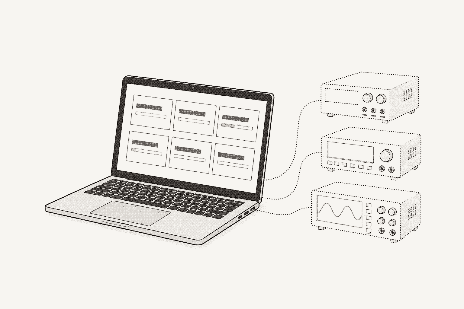 An open laptop showing a grid of instrument cards, wired by dotted lines to three bench instruments drawn only in dotted outline.
