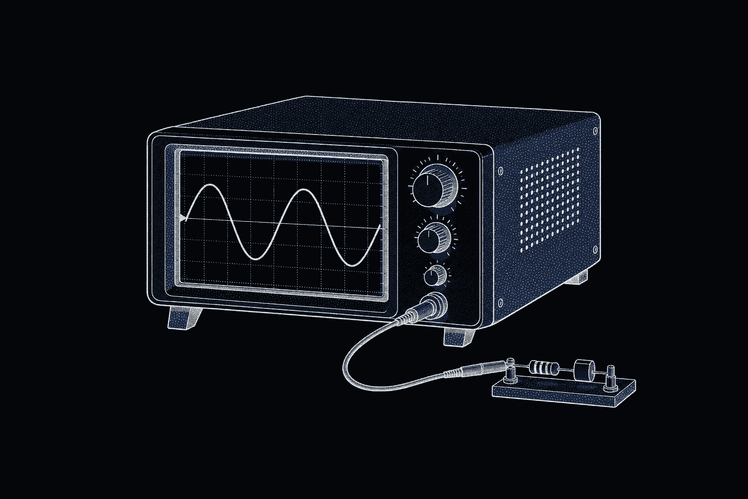 A bench oscilloscope showing a steady sine trace on its grid, its probe cable running to a small fixture holding a resistor and a capacitor.