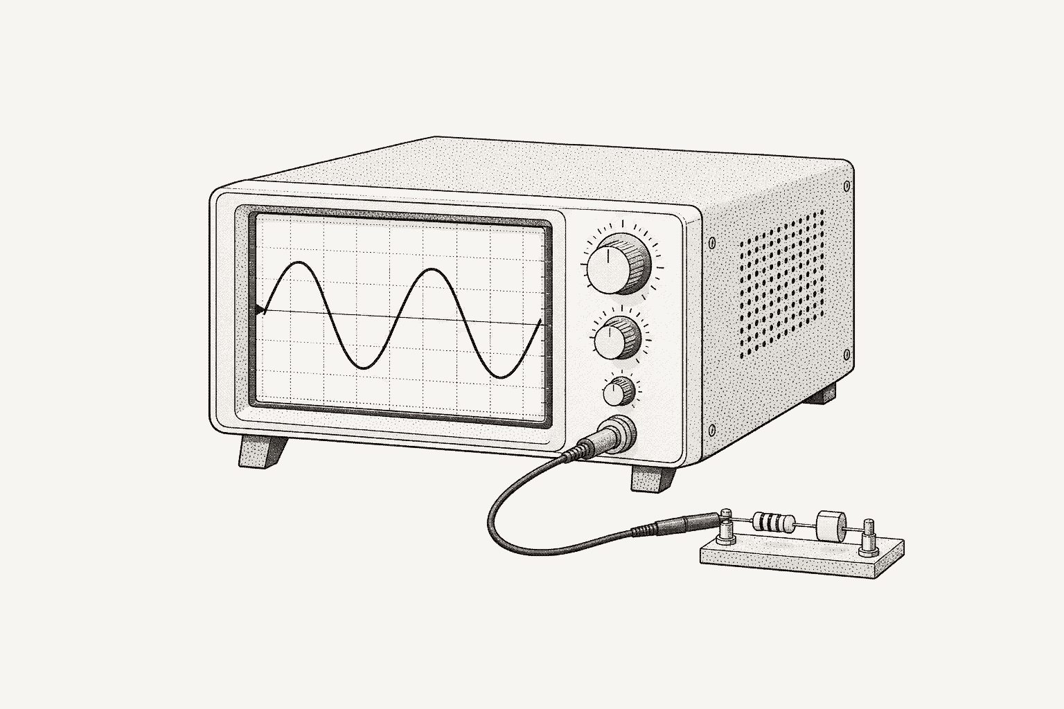 A bench oscilloscope showing a steady sine trace on its grid, its probe cable running to a small fixture holding a resistor and a capacitor.