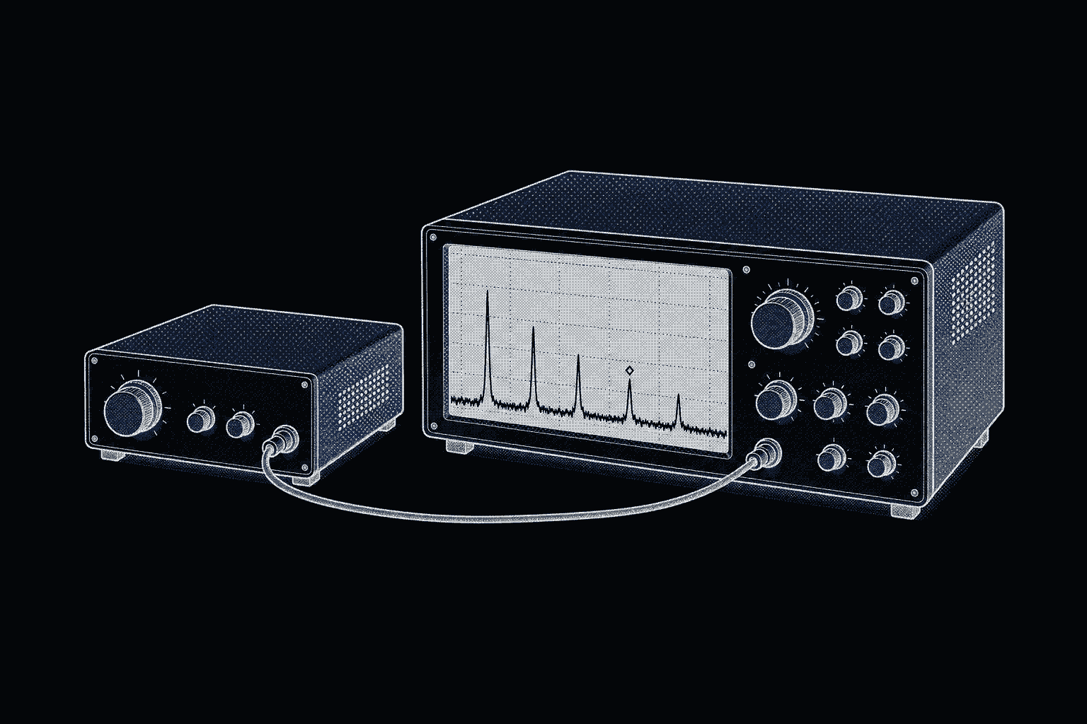 A signal generator cabled to a spectrum analyzer whose display shows five falling peaks above the noise floor, a marker on the fourth.