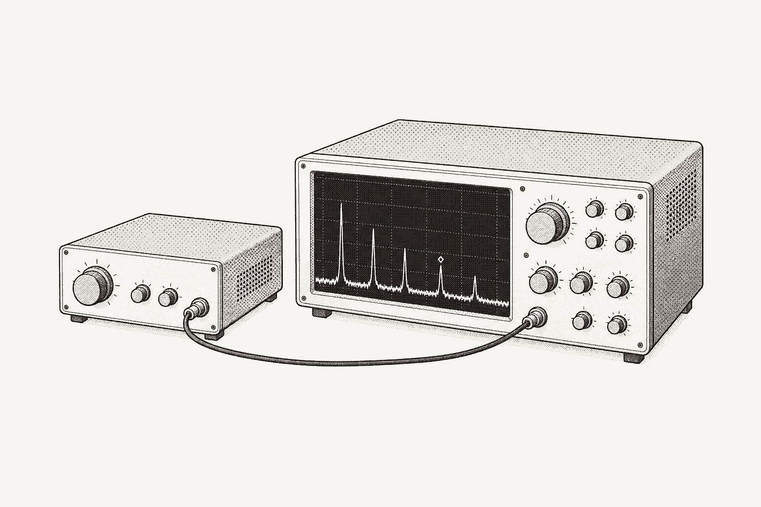 A signal generator cabled to a spectrum analyzer whose display shows five falling peaks above the noise floor, a marker on the fourth.