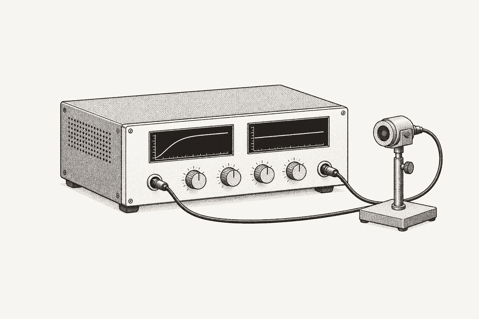 A lock-in amplifier with a settling curve on one display, cabled to a small photodetector on a post and back as a reference.