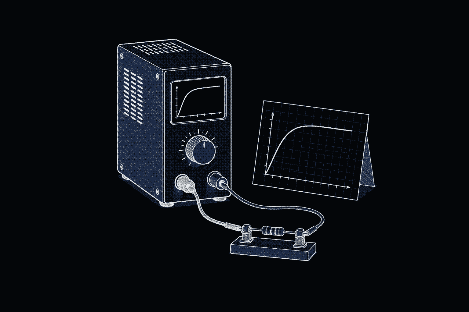 A source-measure unit showing a curve that rises and then runs flat, beside a graph card of the same curve, its leads on one component.