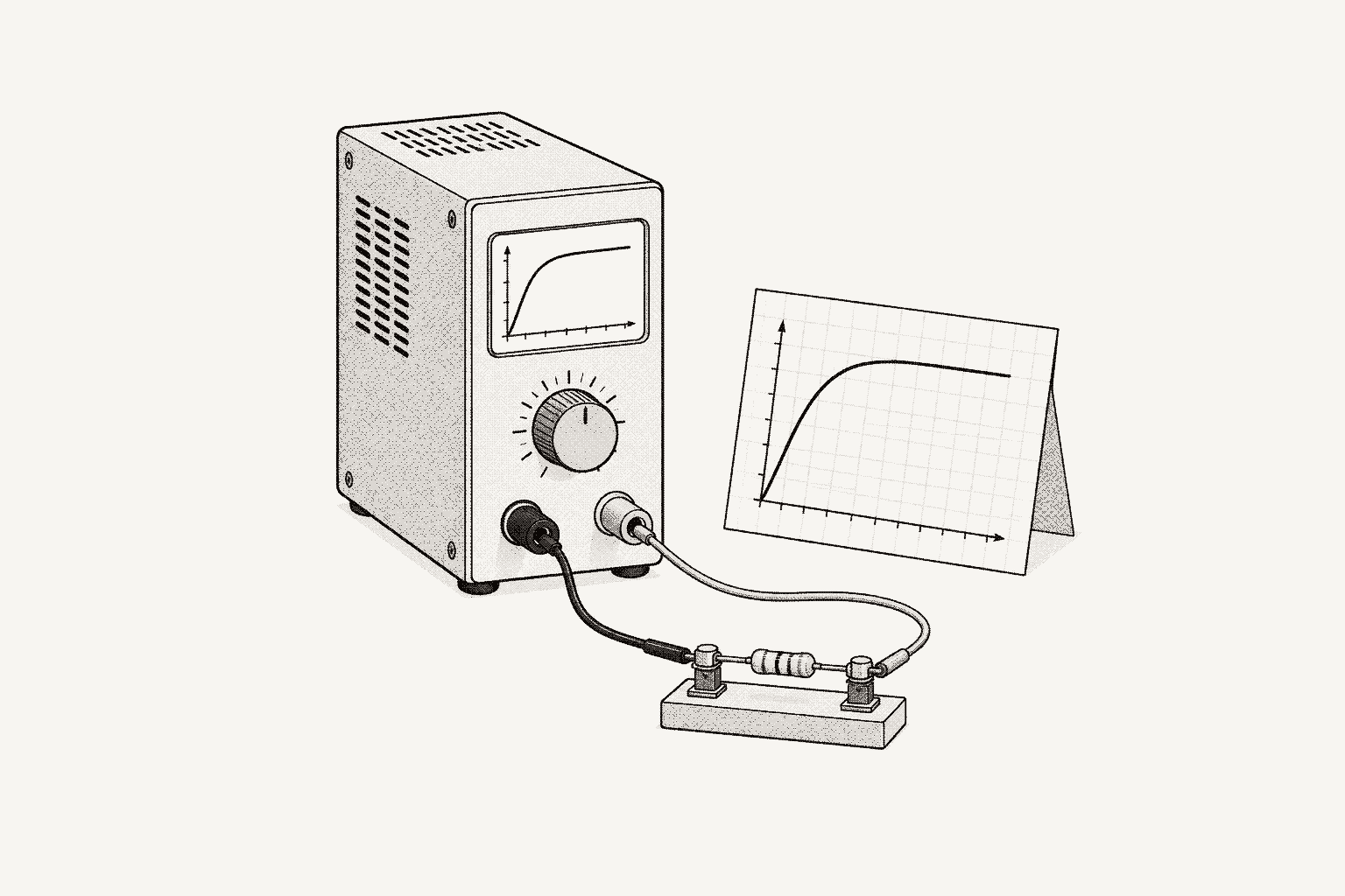 A source-measure unit showing a curve that rises and then runs flat, beside a graph card of the same curve, its leads on one component.